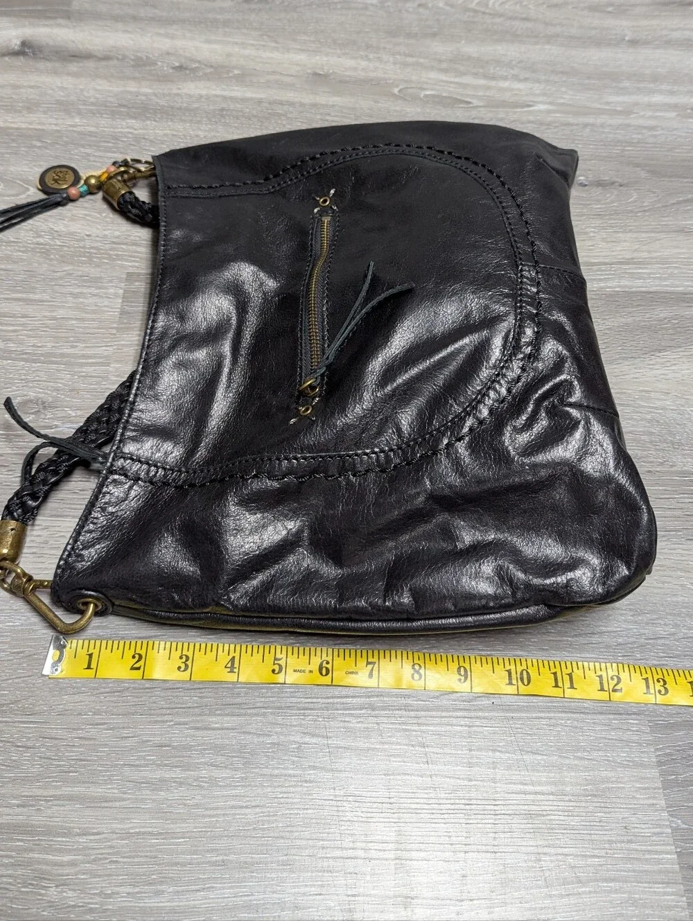 The Sak Black Shiny Leather Hobo Bag Braided Shoulder Strap